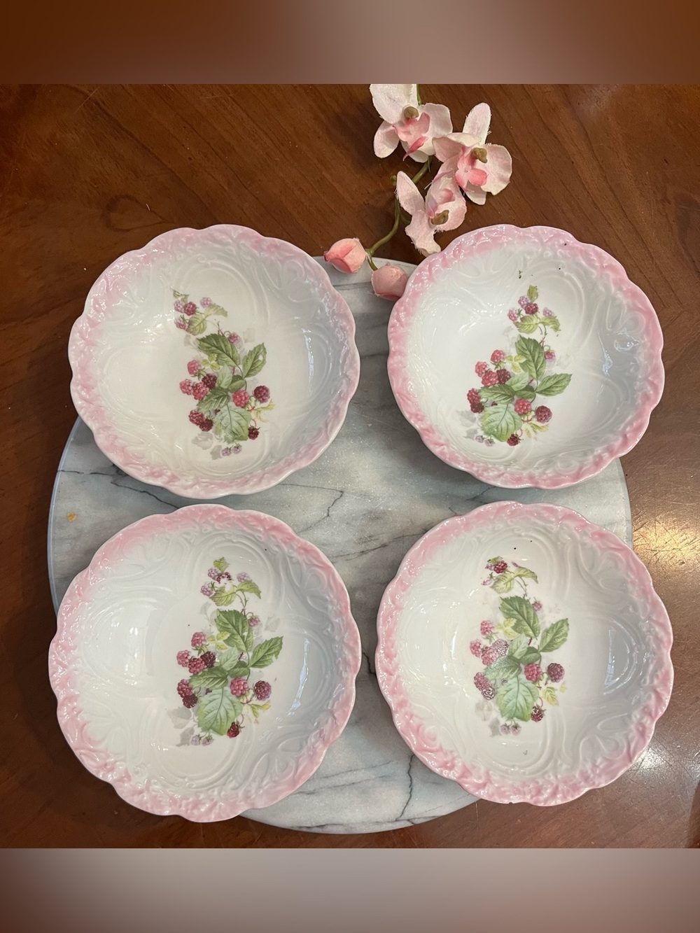 Orla Germany Antique German Porcelain Set of 4 Dessert Bowls Blackberry Motif
